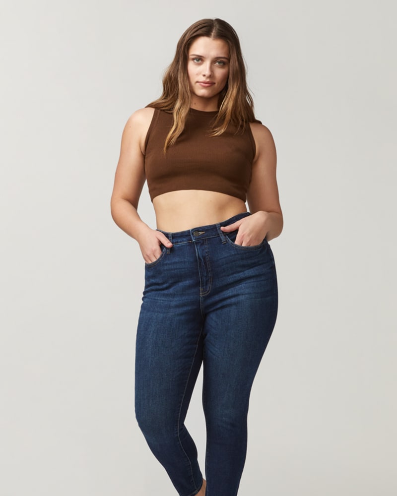 Front of a model wearing a size 14 Maxine High Rise Skinny Jean in Dark Wash by Warp + Weft. | dia_product_style_image_id:232704